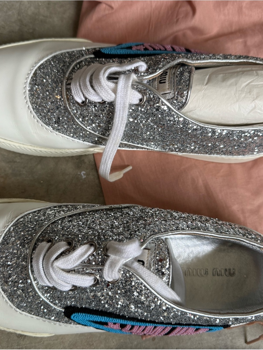 Miu Miu Silver Glitter Low-Top Sneakers with White and Blue-Pink Accent